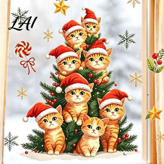 Cat Christmas Tree Decals Static Window Clings Orange Glass Stickers Santa Hat Kitten Holiday Decorations Xmas Decals Reusable Festive Decor