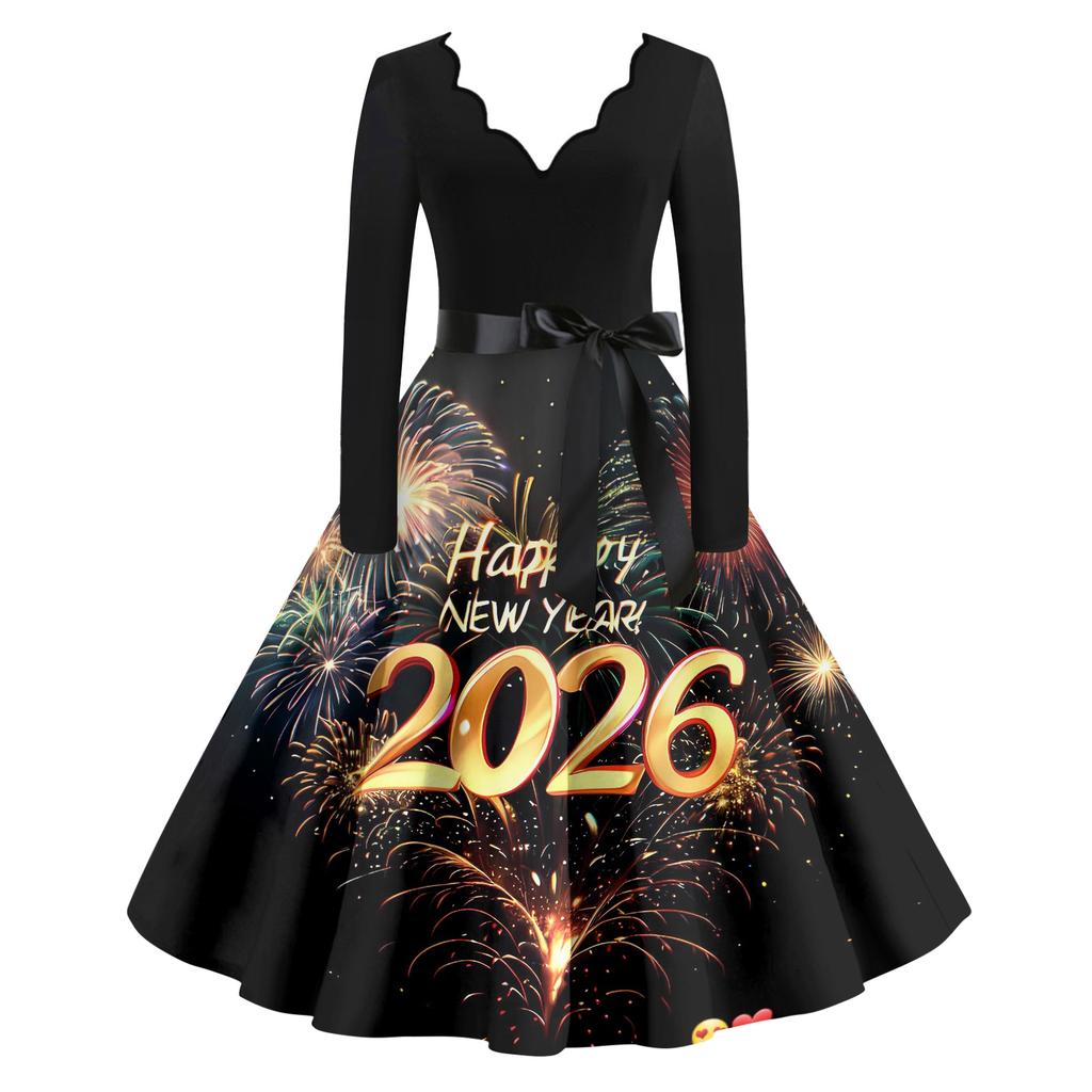 Γυναικείο Casual Μόδα Πρωτοχρονιάτικο Φόρεμα με V Λαιμόκοψη και Vintage Εκτύπωση