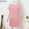 ZANZEA Women Casual Round Neck Solid Color Summer Short Sleeve Dress