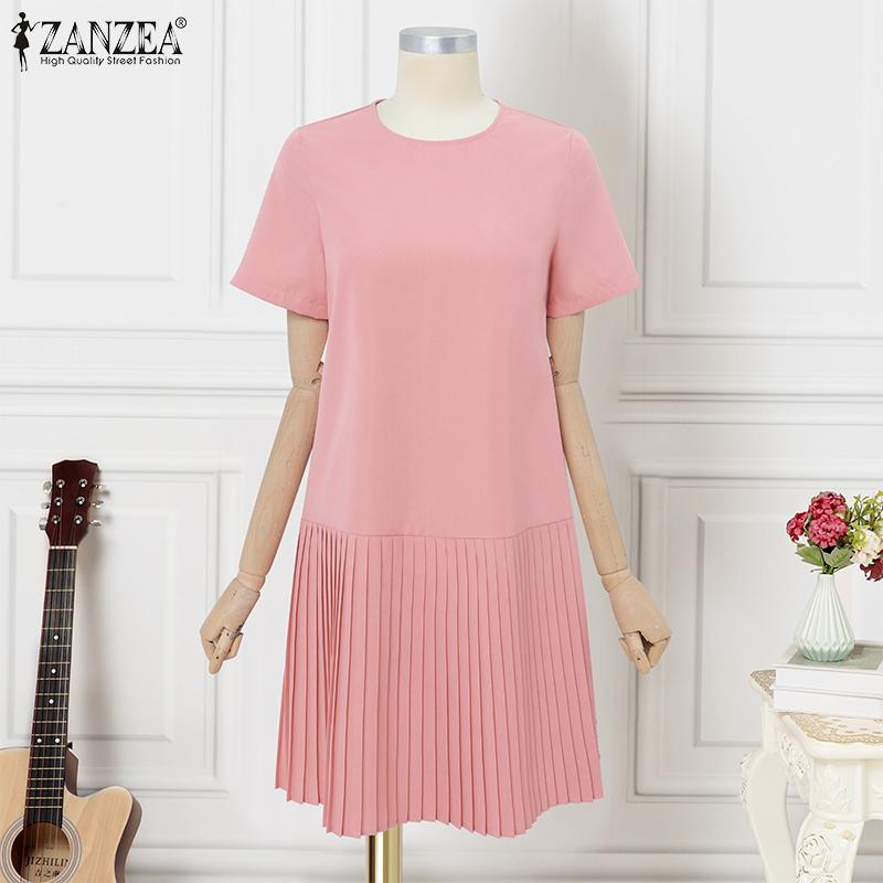 ZANZEA Women Casual Round Neck Solid Color Summer Short Sleeve Dress