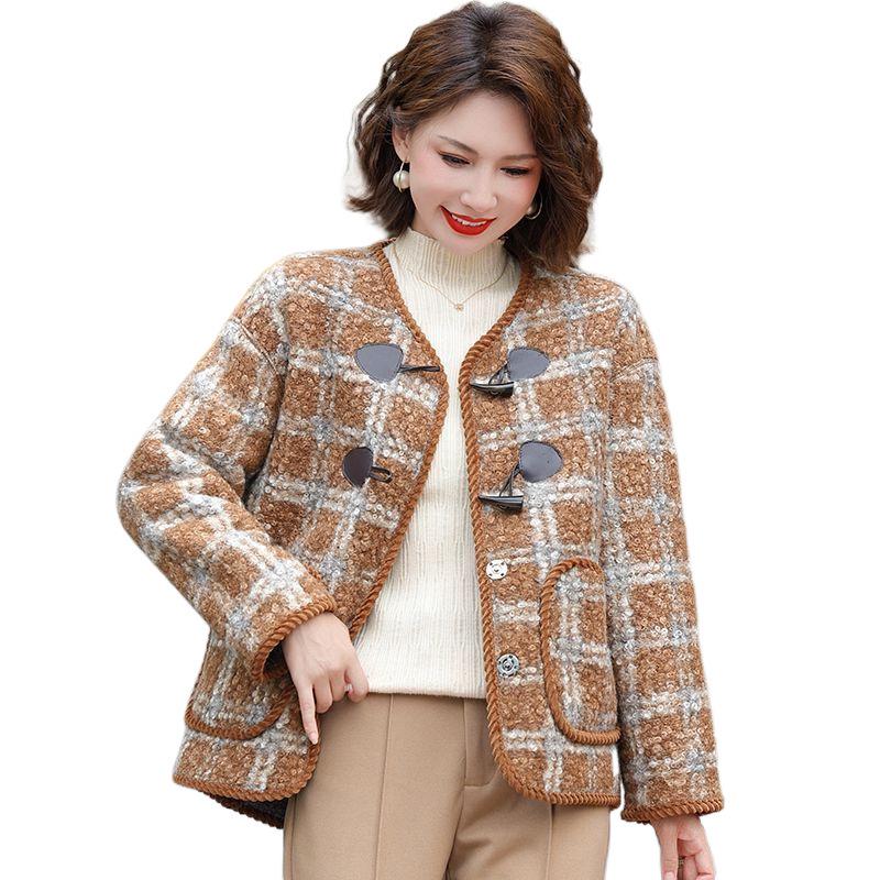 Plaid Woolen Coat for Middle-Aged & Elderly Women - Spring & Autumn Casual Cardigan