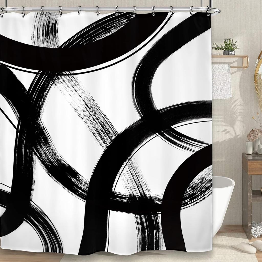 Modern Abstract Black White Brush Stroke Shower Curtain 72X72 Inches Minimalist Art Design Bathroom Decor For Home