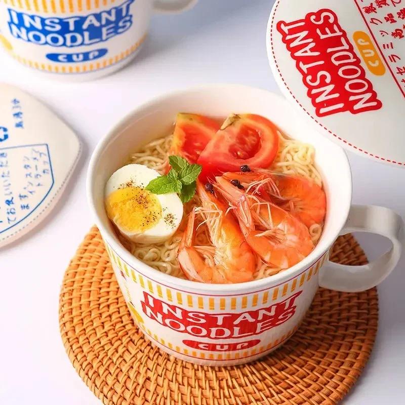 Hot Sale Ceramic Instant Noodle Bowl With Handle Large Capacity Instant Noodles Bowl Cute Design Instant Noodles Bowl With Lid