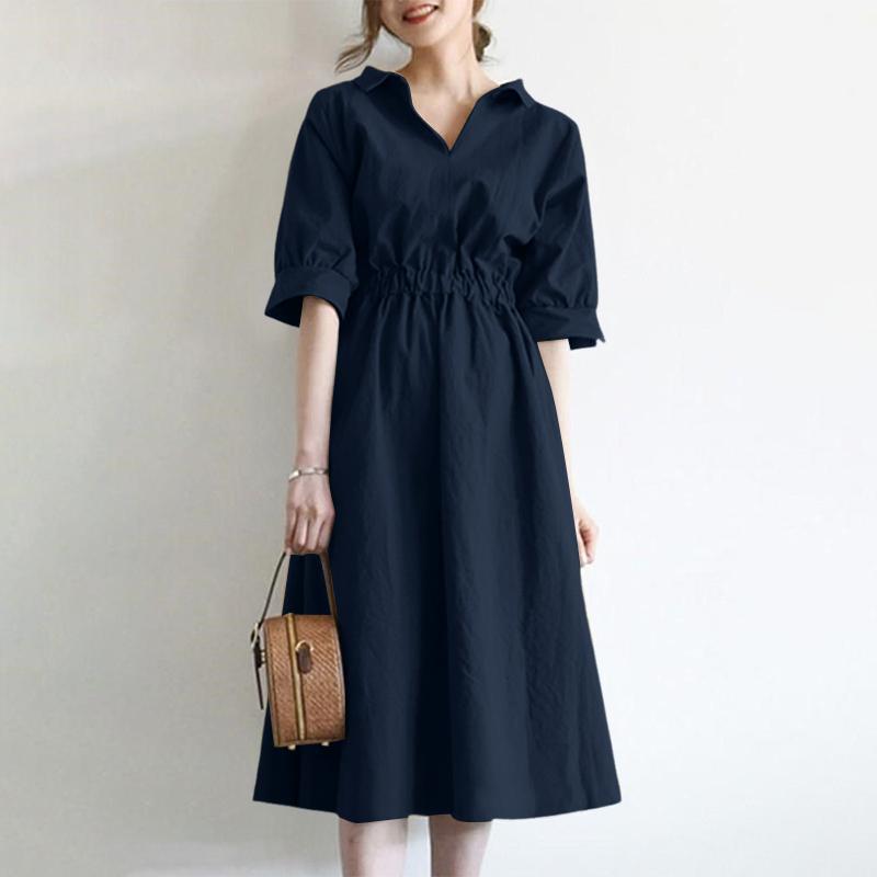 ZANZEA Women Casual Turn Down Collar Solid Color Loose Half Sleeve Dress