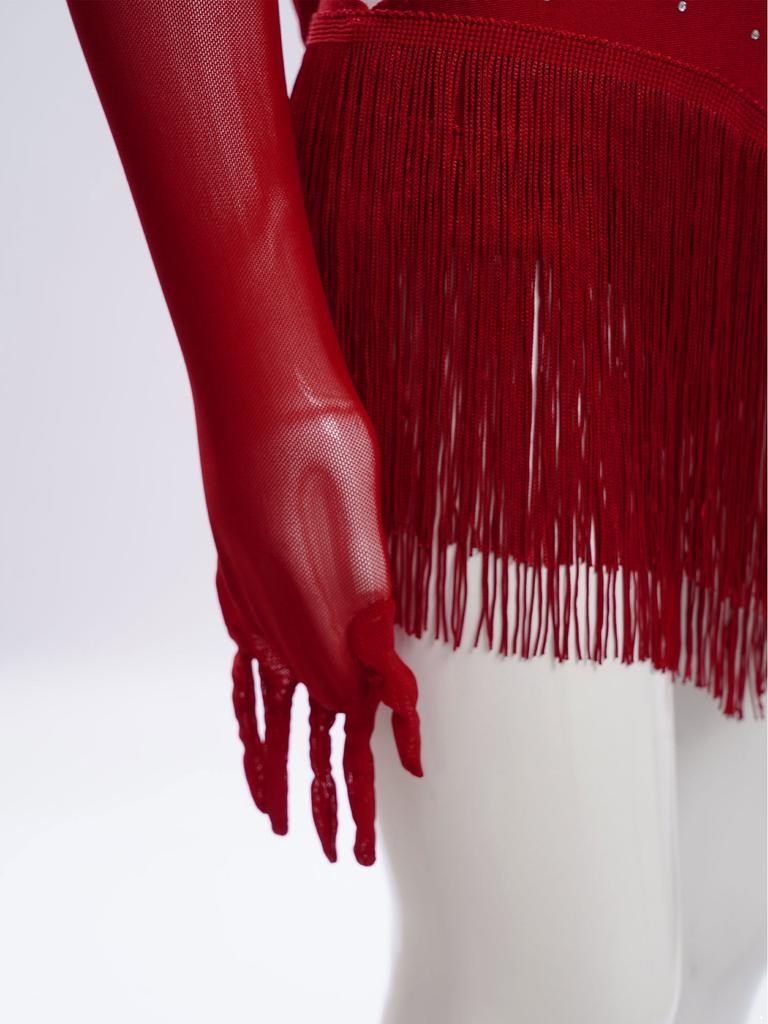 Jenter Latin Dansedrakt Rynket Mesh Design Utringning Dusker Glimrende Rhinestones Leotard med Matchende Hansker