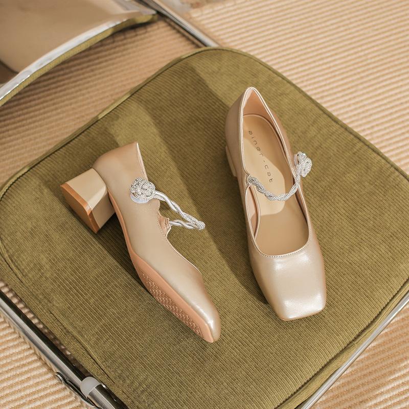 

57708 [sheepskin] high heels women s thick heel new rhinestone word with Mary Jane shoes square head shallow mouth single shoes 34