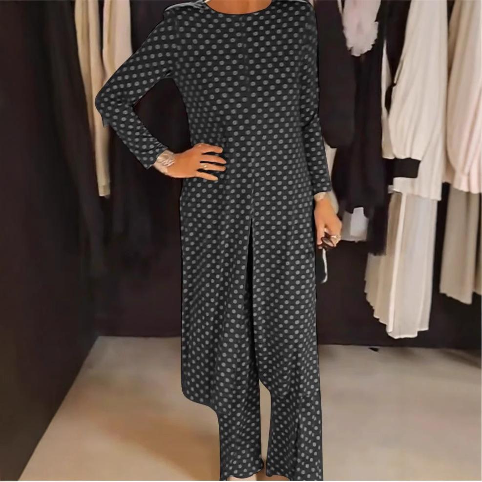 New Trendy Round-neck Long-sleeved Split Polka Dot Long Pants Casual Suit for Women