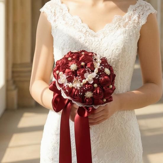 Lightweight Handheld Wedding Flowers Artificial Silk Rose Bridal Bouquet with Chiffon Ribbon, Toss for Ceremony, Vintage Style Floral Keepsake