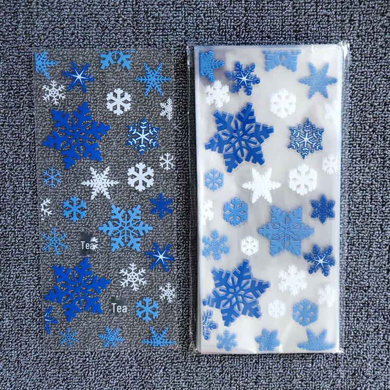 

Прозрачный плоский карманный пакет OPP для печенья и рождественских сладостей 12.5*27.5 snowflake синий/белый