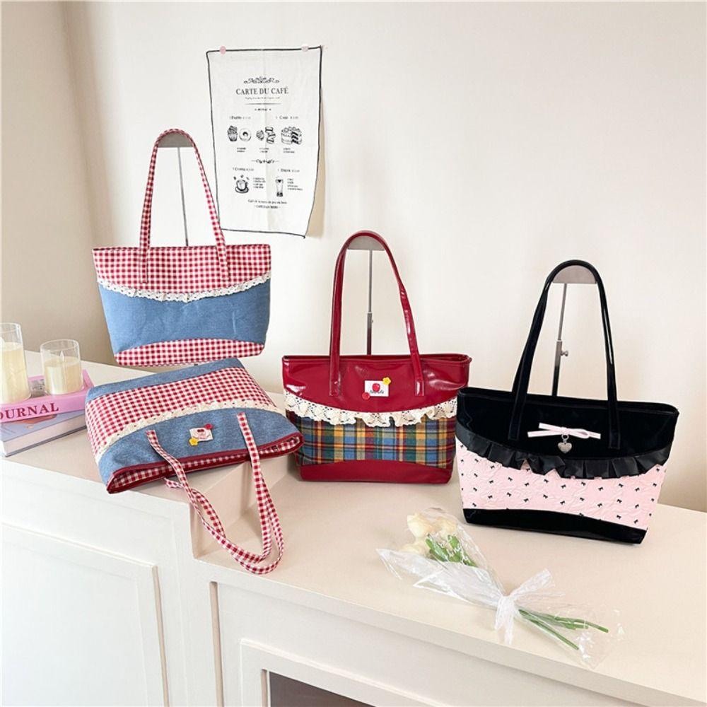 Rural Style Denim Plaid Handbag Lovely Commuting Tote Bag Retro Lace Bow Shoulder Bag  Students