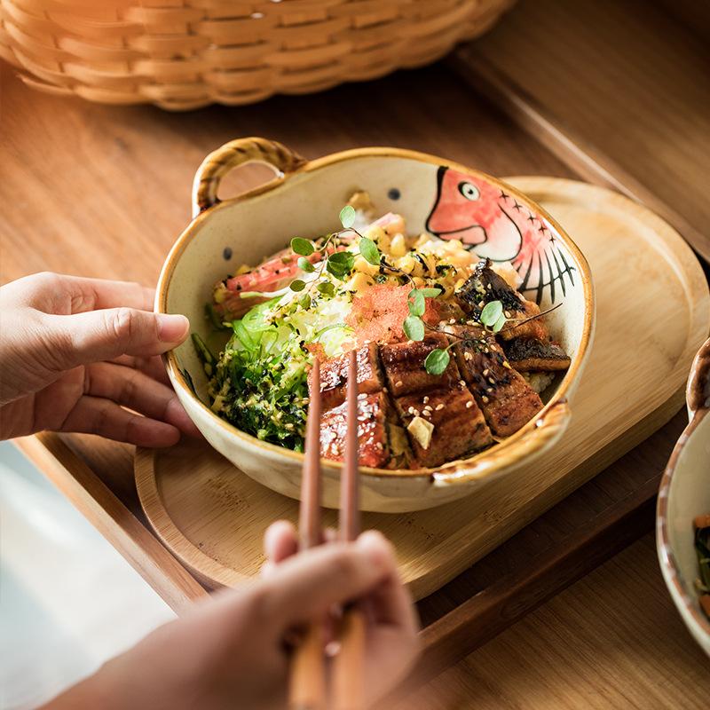 Japanese ceramic double ear stone pot bowl ramen home restaurant tableware bowl