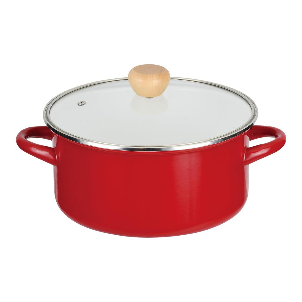 Pearl Metal 22cm Enamel Casserole Pot with Glass Lid, IH Compatible, Red, Amulet HB-4884