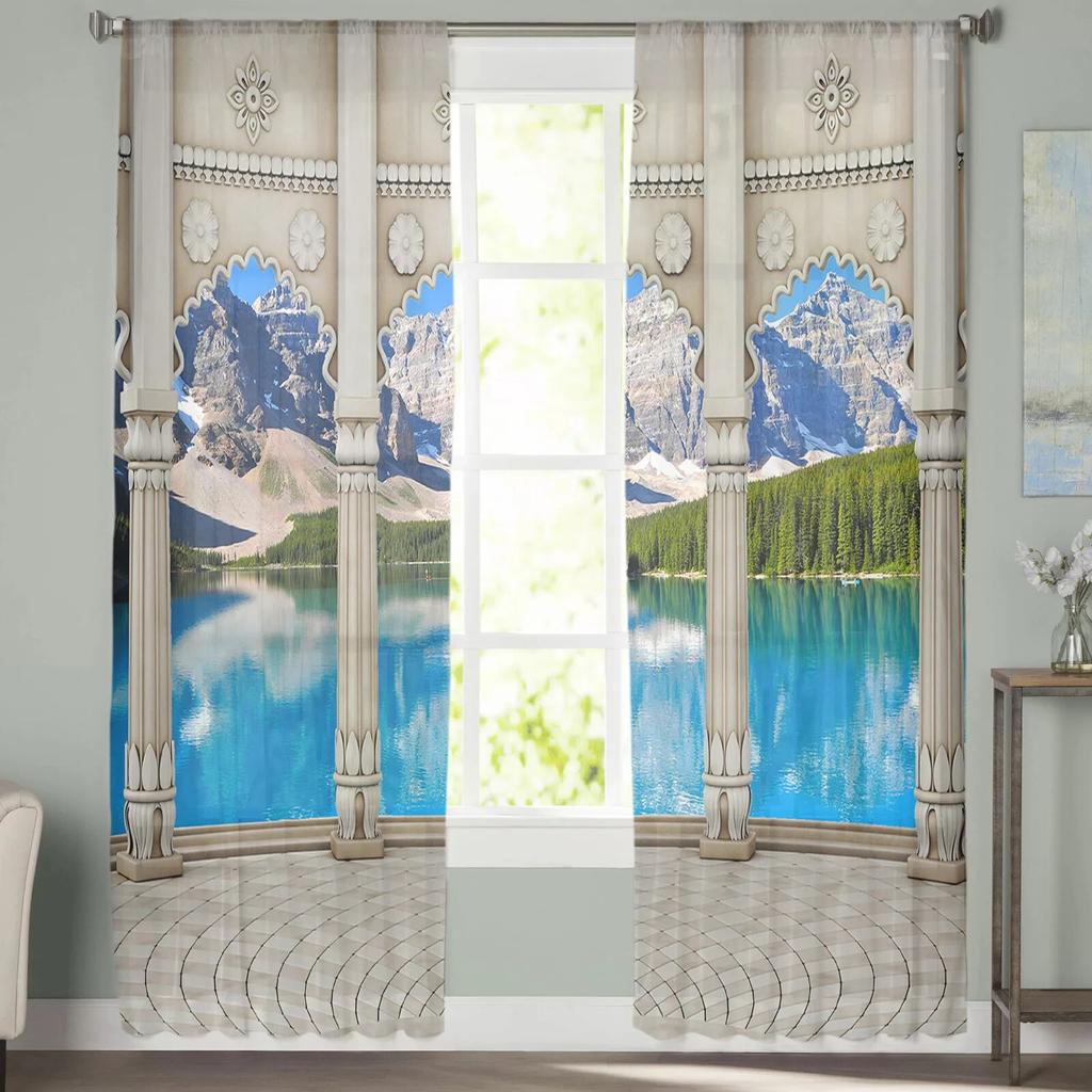Lake Snow Mountain Forest Chiffon Sheer Curtains For Living Room Home Decoration Window Voile Tulle Curtain Drapes