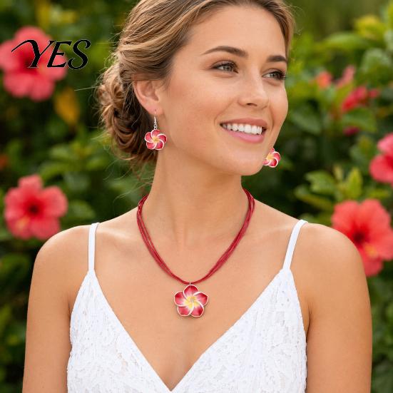 Natural Flower Jewelry 2Pcs/Set Lightweight Floral Set, Polymer Clay Realistic Necklace Earrings Set Charm Necklace, Hawaiian Style Drop for