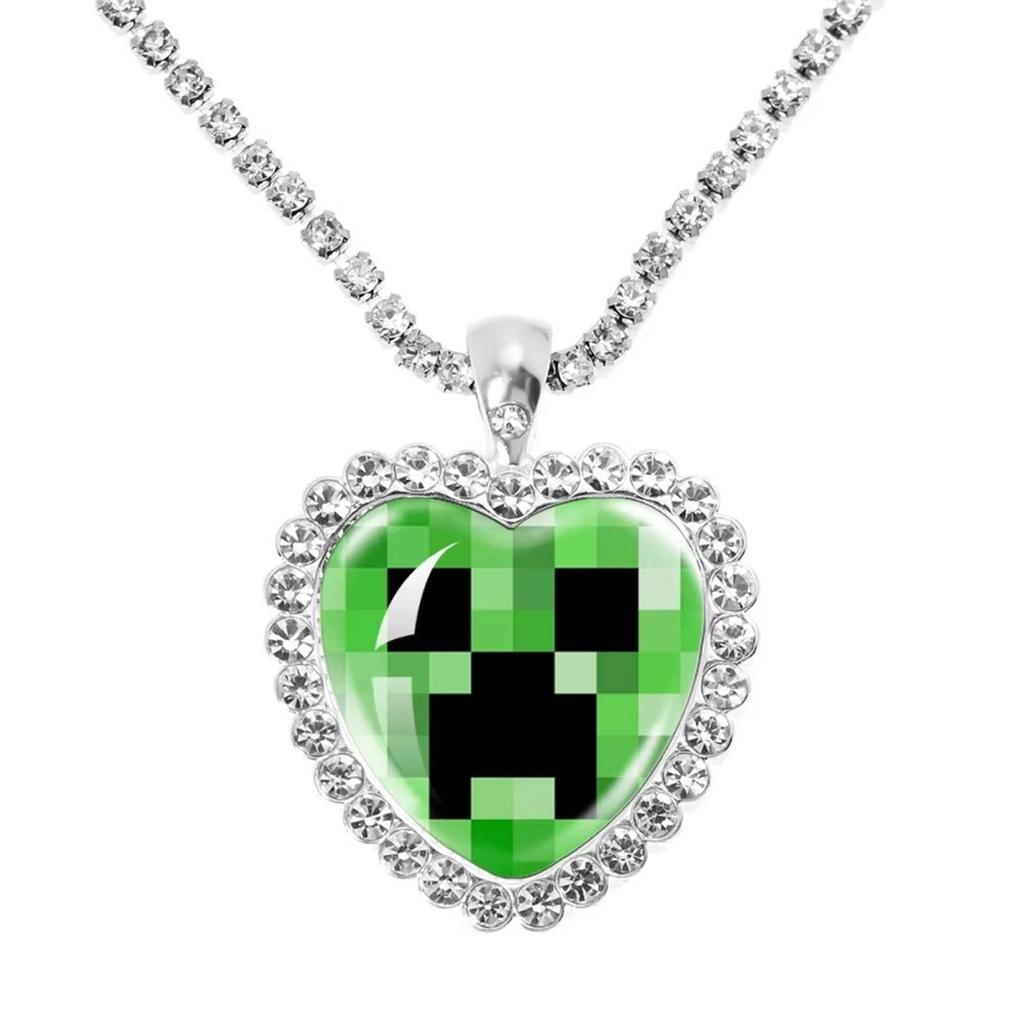 Fun Pixel Block-themed Heart Necklace Accessories, Heart Pendant, Sweater Chain, Rhinestone Necklace