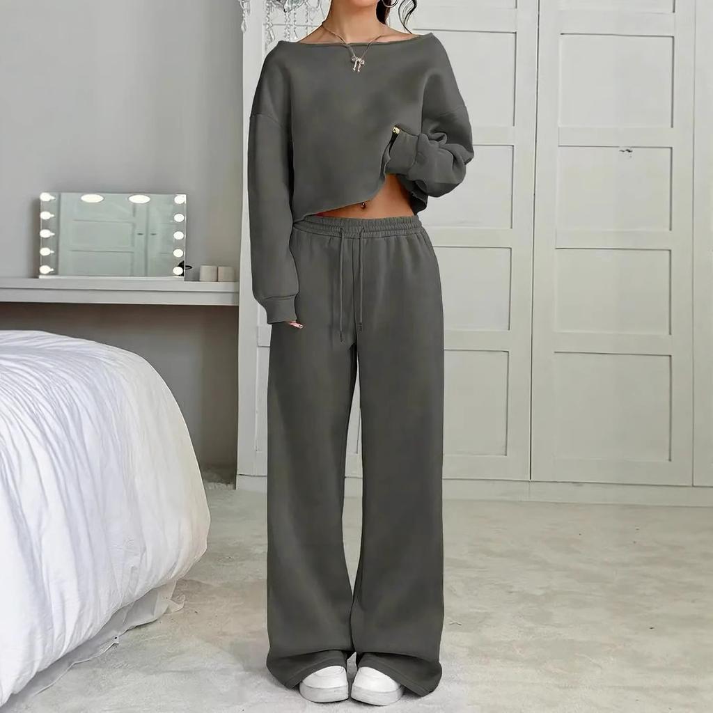 New Autumn and Winter Casual Loose Round-neck Long-sleeved Sweatshirt and Long Pants Set for Women
