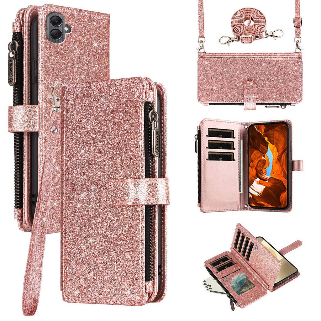 ASUWISH For Samsung Galaxy A05 4G Case 10 Card Holder Glitter Leather Phone Cover with Crossbody Strap