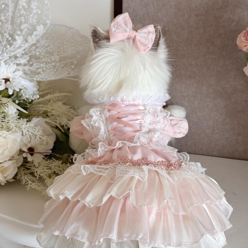 Korean Pink Lovely Pet Dog Clothes Simple Handmade Cotton Lace Party Princess Dresses for Small Medium Dog Poodle Puppy Overalls
