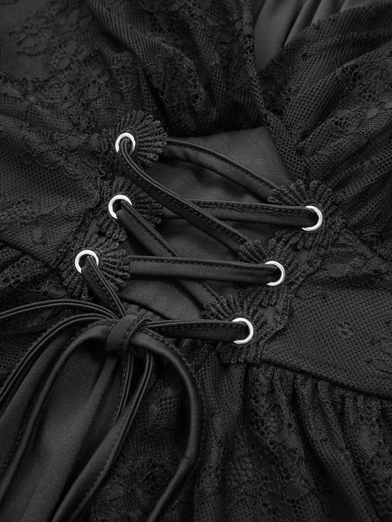 Rosegal Plus Size Floral Lace Panel Lace-up Ruffles Chiffon Textured Split Flare Sleeves A Line Tank Dress