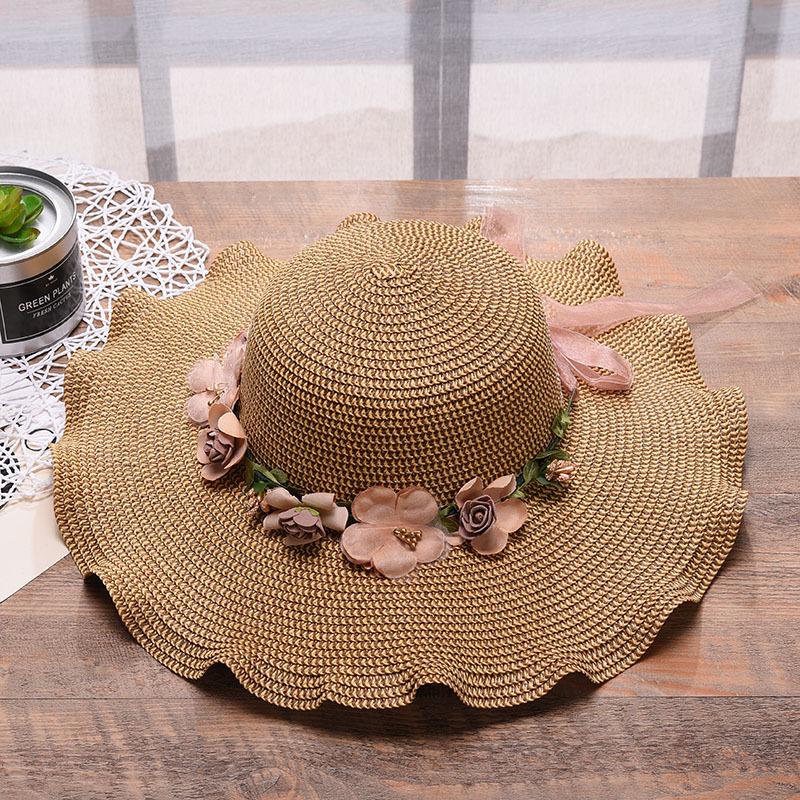 New Women's Hat with Large Waves and Flowers Beach Outdoor Sun Protection Straw Hat