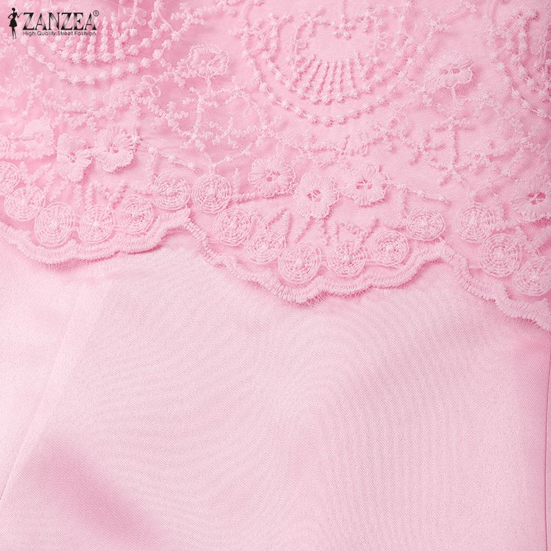 ZANZEA Women Lace Patchwork Round Neck Casual Short Sleeve Sheath Dress