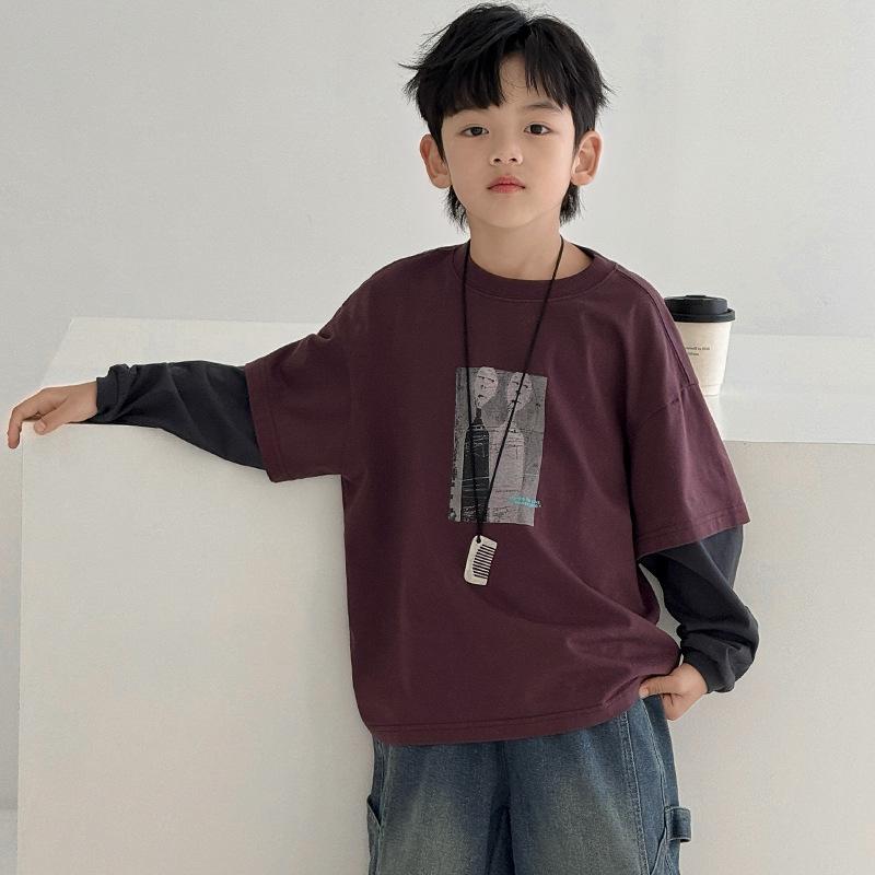 Boys Long Sleeve Fake Two Piece T Shirt Hong Kong Style Kids Casual