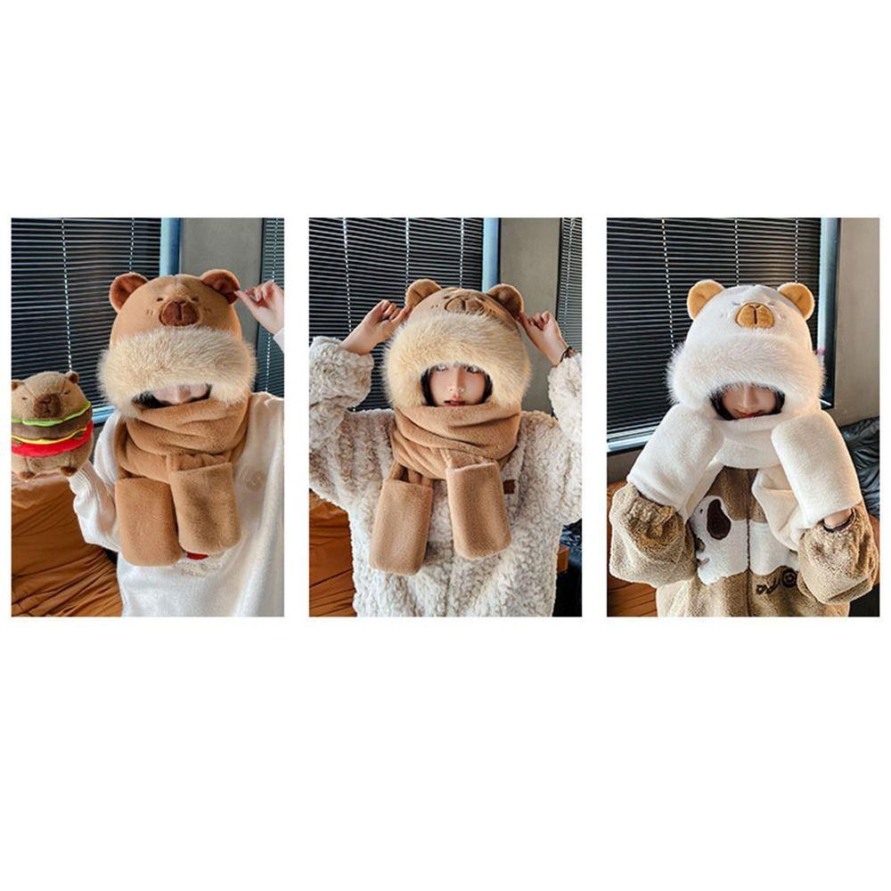 Cartoon Capybara Hat Scarf Set Panda Cartoon Plush Hat Trendy Furry Scarf Cap Set  Outdoor