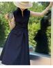 Elegant Women's Sleeveless Drape Design Dress - Hepburn Style, Tie-Up Waist, Slimming Long Commuter Dress