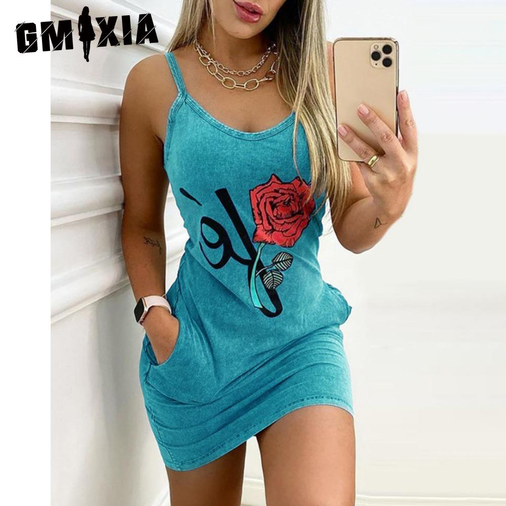 

GMXIA Women Elegant Summer Floral Letter Print Denim Bodycon Mini Slim Dress Sleeveless Pocket Design XXXL небесно-голубой