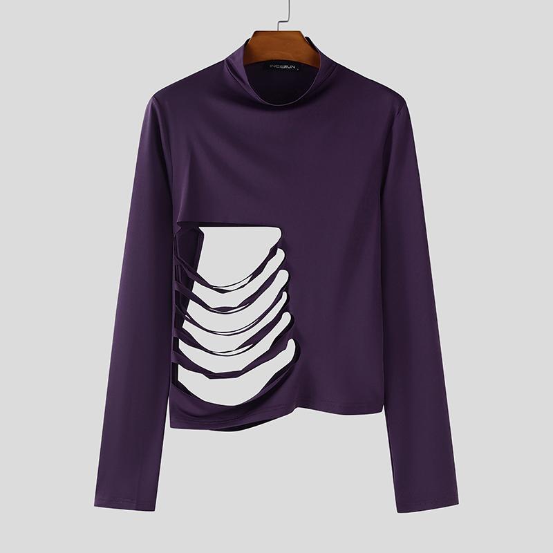 INCERUN Magliette intime casual aderenti a maniche lunghe con collo alto e cut-out con fasce da uomo