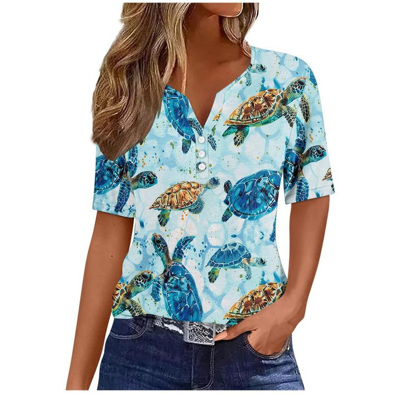 Summer Fashion 2026 New Women's Clothing 3D Butterfly Print V-Neck Three-Button Short Sleeve T-Shirt