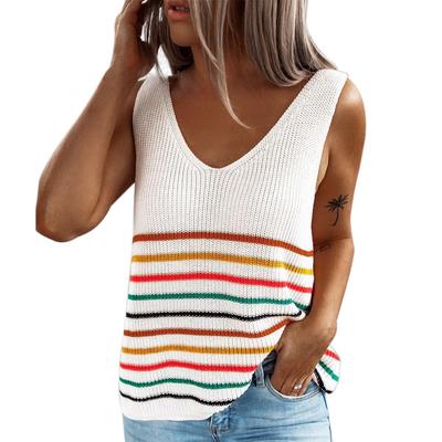 Knitted Vest Women Striped Tank Tops Pullover Daily V-neck Sleeveless T Shirt Spring Summer Ladies Tank Top Tee