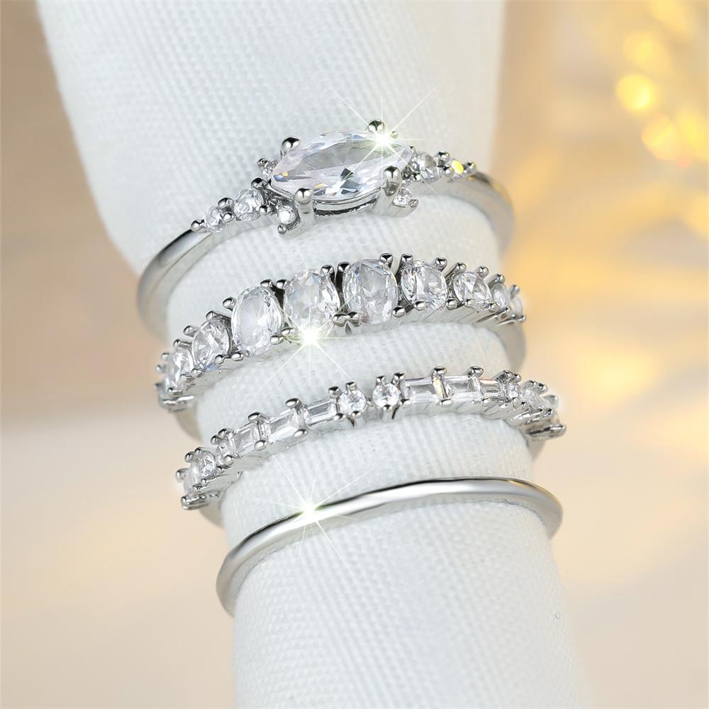 4pcs/set Luxury Crystal White Zircon Ring Sets For Women Vintage Fashion Silver Color Bridal Wedding Bands Engagement