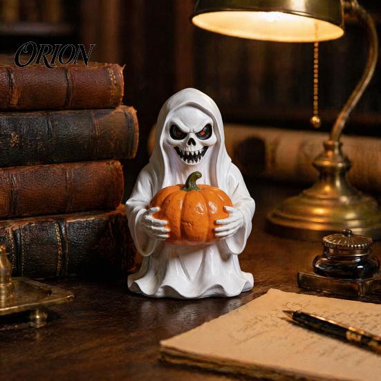 Cute Ghost Figurine for Home Halloween White Pumpkin Resin Statue, Spooky Holding Mini Unique Sculpture Office Garden Yard Tabletop Mantel Decor