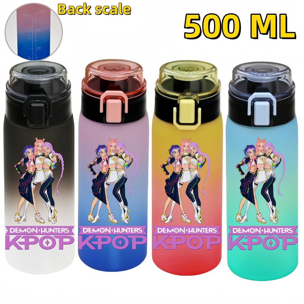 KPop Demon Hunters Sports Water Bottle Portable Leak Proof Plastic Cup Level Line Outdoor Fitness 500ML with for Kid Friendly Entertaining Fun Play
