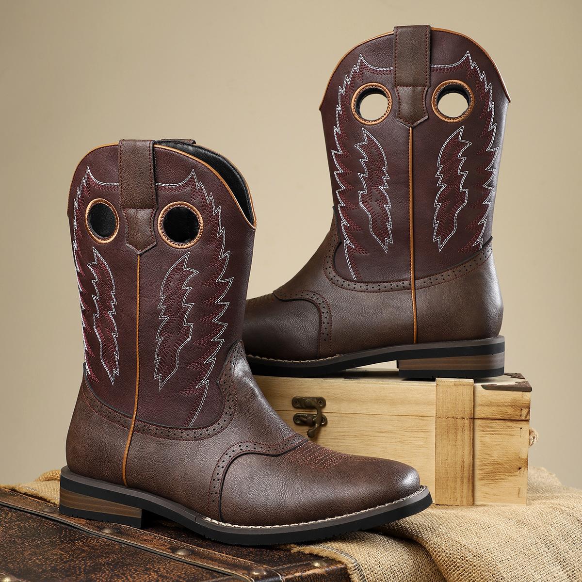 

Классические ковбойские сапоги в западном стиле, ретро вышитые кожаные сапоги, повседневные универсальные рыцарские сапоги, персонализированные модные ковбойские сапоги, американские 39 бордовый