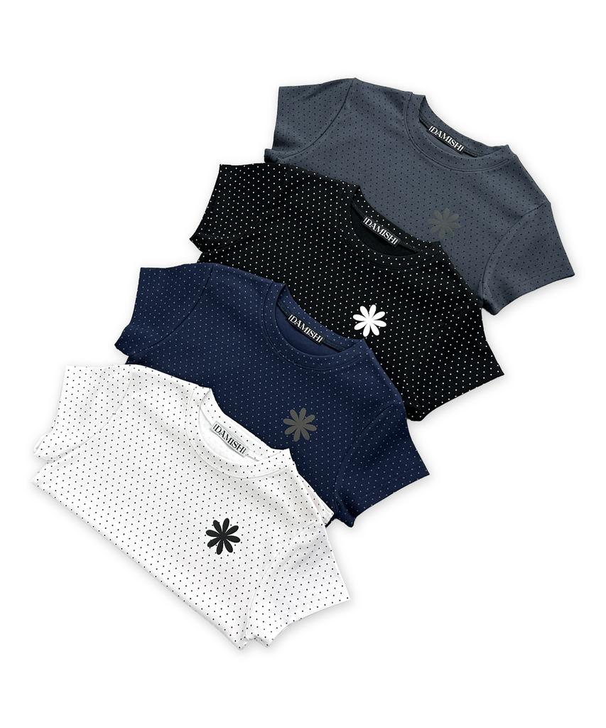 Damiswi Flower Symbol Polka Dot Short Sleeve T-Shirt_Navy
