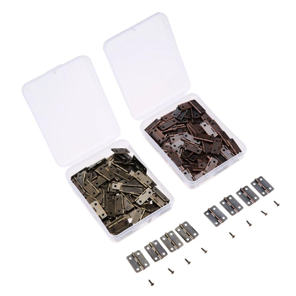 50Pcs 25*18mm Iron Jewelry Wood Boxes Cabinet Door Furniture Hinges Set Mini Decorative Hinge with Storage Box & 200Pcs Screws