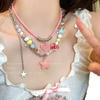 Color Candy Beaded Necklace Girl Sweet Girl Pink Star Love Pendant Collarbone Chain New
