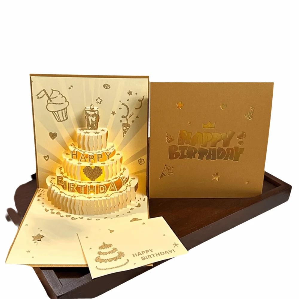 3D Light Birthday Card Folding Type Pop Up Gift Message Cards with Envelope with Musical Greeting Cards Birthday Party Supplies