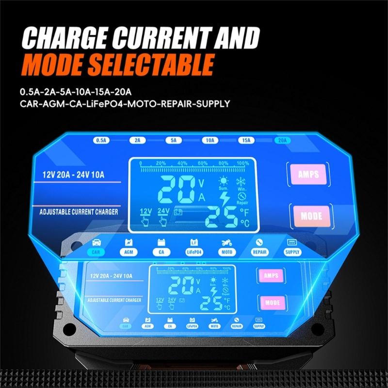 12V/24V Car Battery Charging Equipment with LCD Display Pulse Repair Intelligent Charging Device for Cars Trucks Boats