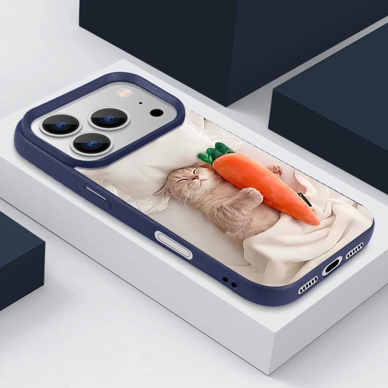 Sleeping Cat Carrot Pattern Case For iPhone 17 Pro Max Funda iPhone 16 Pro Max 15 14 13 12 11 Air 16E Leather Texture Silicone Cover