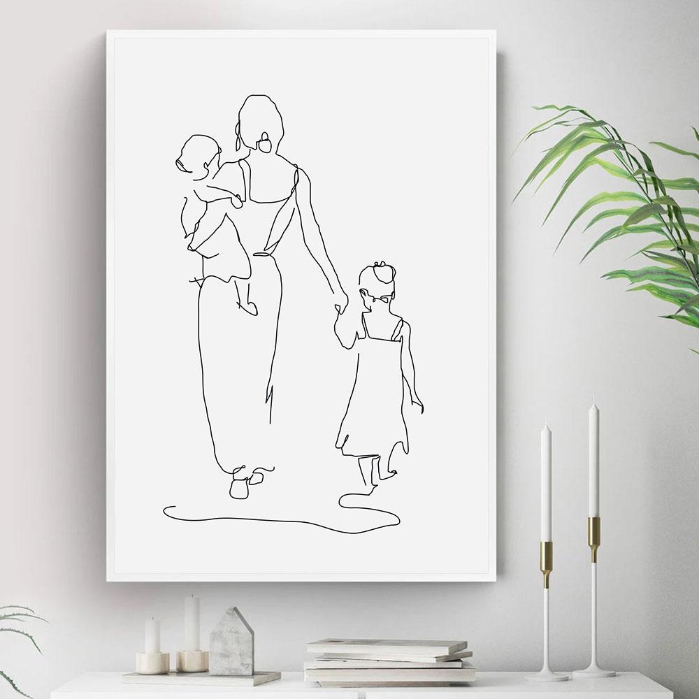 Mother and Daughters Son Art Line Drawing Posters Abstract Minimalist Wall Art Canvas Print Painting Moder Decorative Pictures