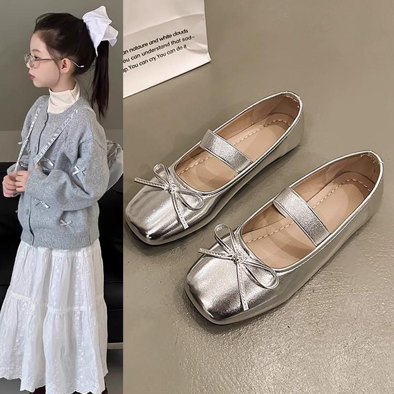 

Metallic Square Toe Bow Strap Casual Flat Mary Jane Shoes 26 срібний