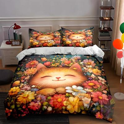 Smiling Cat Flowers Bedding Duvet Cover Sets Duvet Covers Pillowcases Gifts (1 * Duvet Cover 2 * Pillowcases, Without Duvet Insert)
