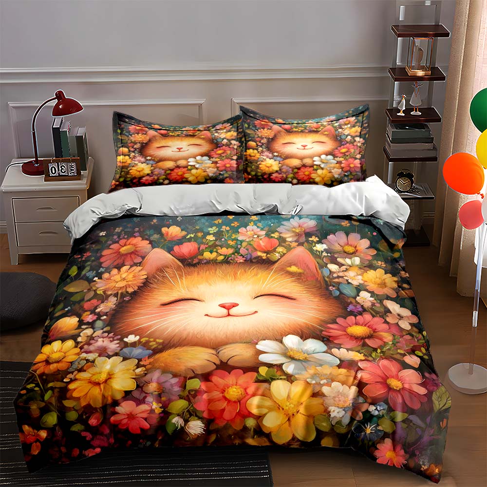 

Smiling cat flowers Bedding Duvet cover sets Duvet covers Pillowcases gifts (1 * Duvet Cover 2 * Pillowcases, without duvet insert) 135x200cm