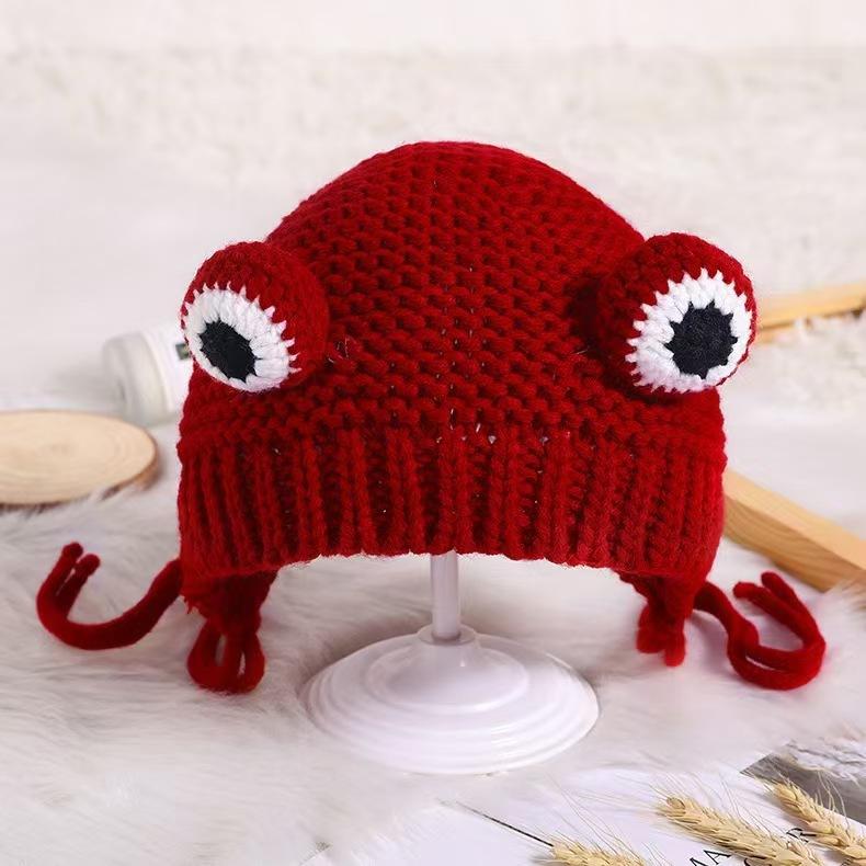 Children's bear ear hat baby cute cartoon double ball knitted velvet thickened windproof warm autumn and winter wool hat