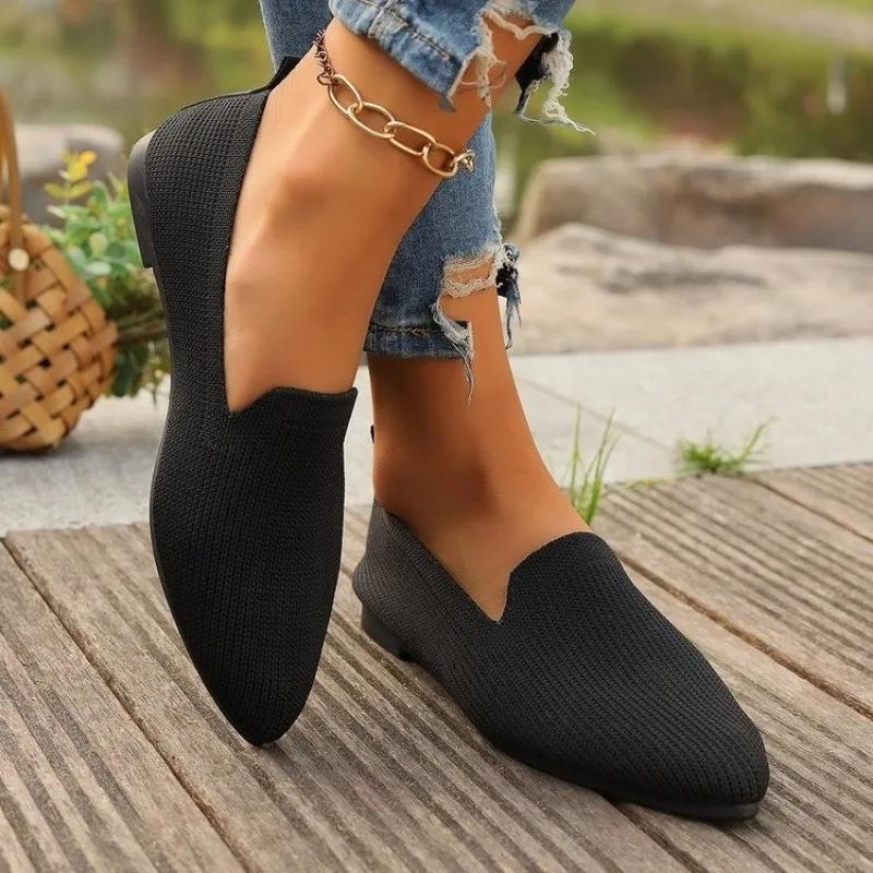 Women Solid Color Pointed Head Mesh Loafers Shallow Woman Flats Soft Bottom Knit Ballet Flats Shoes Casual Slip On Boat Shoes