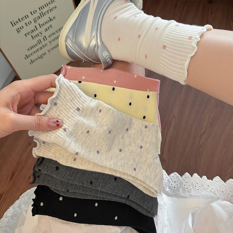 Wood Ear Edge Polka Dot Piles Of Socks, Socks, Trendy Cotton Socks, Summer Thin Ballet-Style Stockings