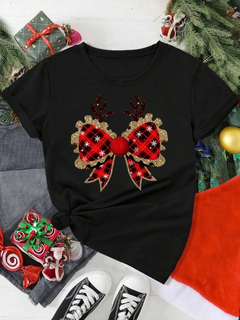 Camiseta con estampado de pajarita y asta de Halloween camiseta informal de talla grande accesorios para actividades navideñas